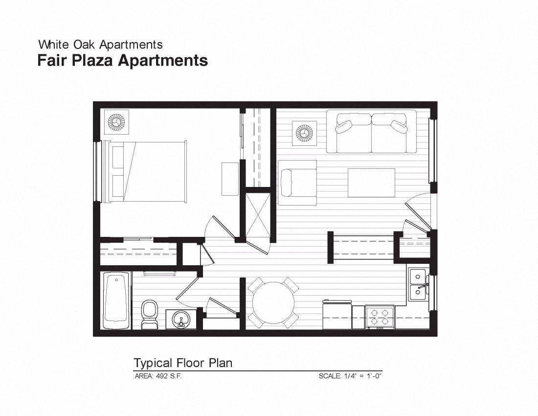 Floor plan for 1 bed, 1 bath, 527 sqft